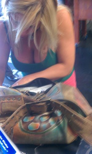 Holy Jesus!Â  Great cans on her.Â  Cleavage creepshots are some of the hardest to pull off.Â  Especially with boobs that size.