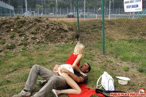 Skinny blonde teen sucking and fucking in public