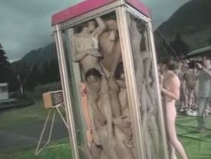 Nude Japanese chicks stuffed into a phone booth