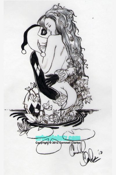 Harley Quinn and Poison Ivy kissing.