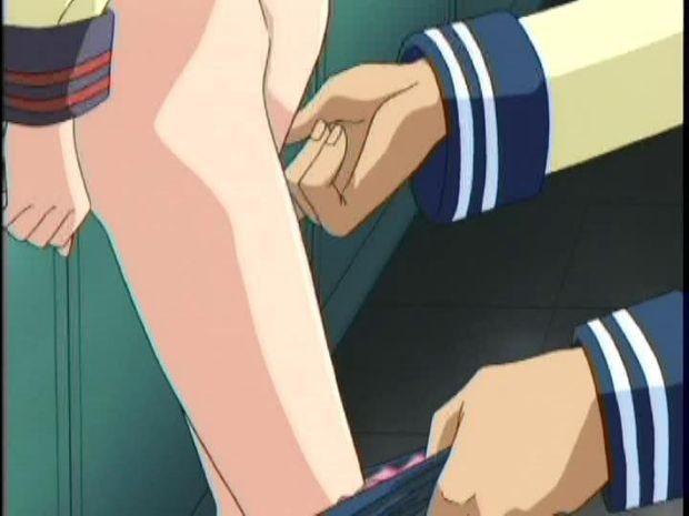Some dude pulling teen hentai girl's panties down and having a taste of her tiny little tight pussy