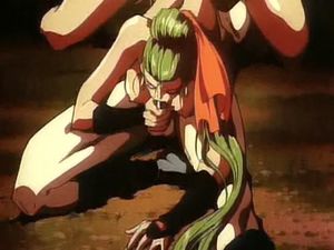 Skinny hentai girl hanging upside down sucking a massive dick