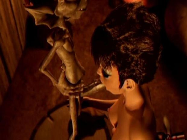 Freaky 3D sex animation of skinny girl sucking the dick of an odd creature