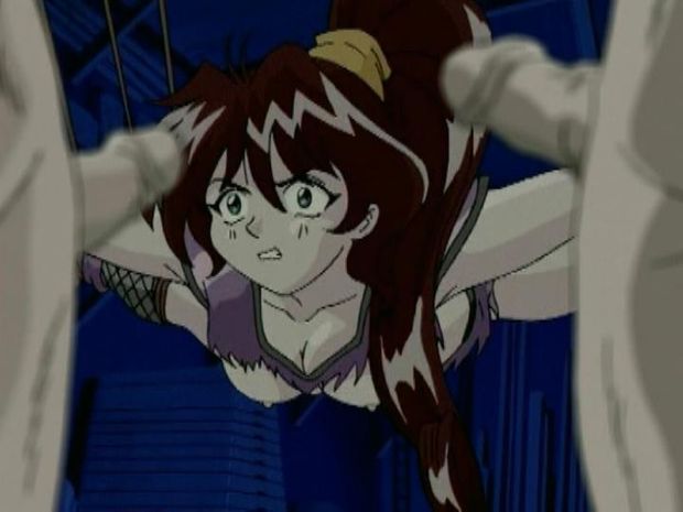 Suspended hentai bitch gets lowered from ceiling to cock level to perform blowjobs