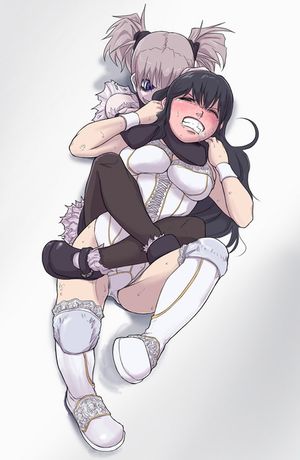 >:d 2girls :d asphyxiation black_hair blue_eyes boots breasts brown_hair bustier character_request choke_hold clenched_teeth crazy_eyes dominated domination elbow_gloves eyes_closed foaming_at_the_mouth gloves knee_pads lace large_breasts leg_lift leg_loc