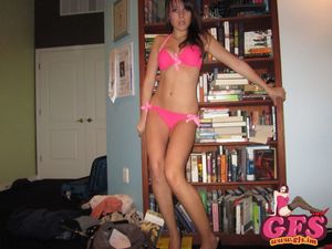 Brunette GF posing in her cute pink lingerie
