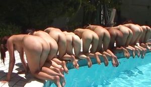 Japanese cuties into some gangbang action by the pool