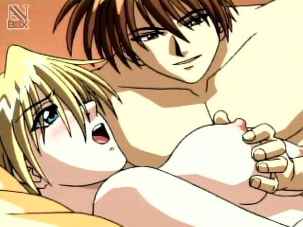 Hentai dude playing with a hot blonde and her great big soft tits