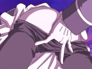 Pervert man pulls young hentai babe's pants down and fingers her pussy hard