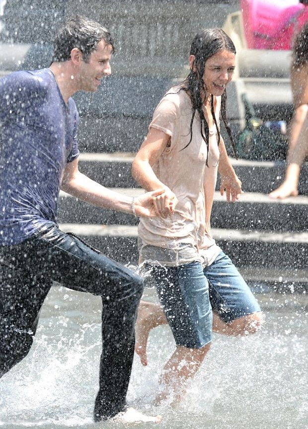 Katie Holmes Wet T-Shirt And See-Through Pokies At Water Fountain