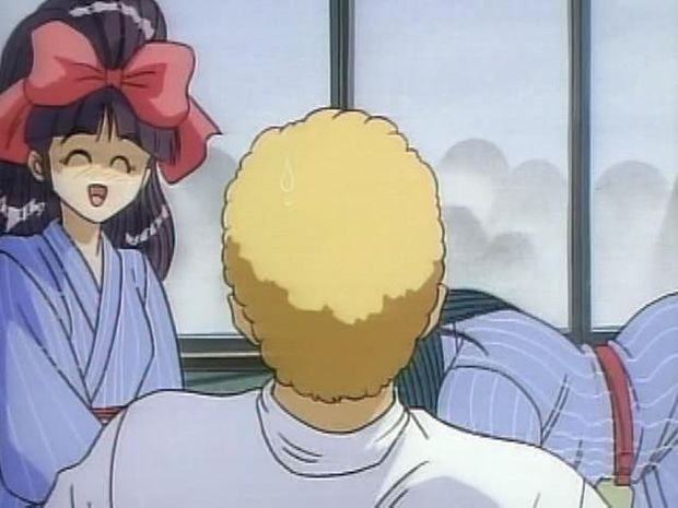 Cute hentai geisha girls pleasuring blonde man by sucking his dick