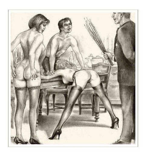 Two couples birching session - art by Paula Meadows