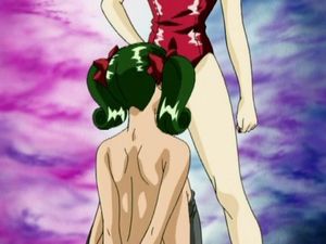 Cute hentai teen on her knees giving oral favors to her older girl lover