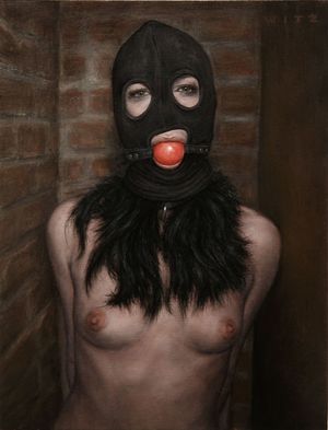 Hooded Girl With Ball Gag. 2011, 20 x 15". Oil and digital media on canvas