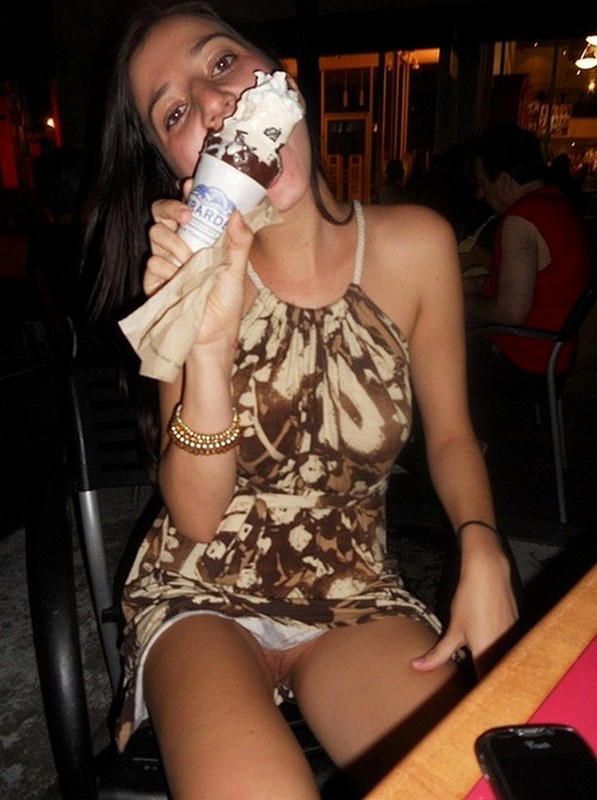 Ice cream girl shows pantyless upskirt