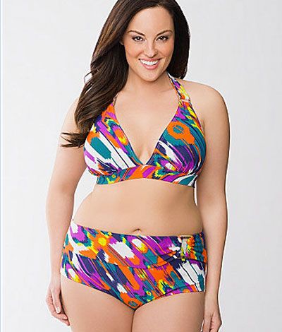 BBW model in multi colored bikini