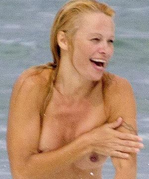 Pamela Anderson goes topless on a beach in France