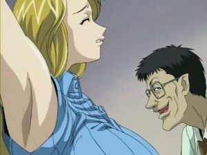 Pervert finger-fucks hentai blonde babe while tied-up to a pole