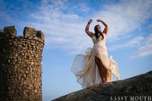 Beautiful bbw on castle in sexy flowing dress.