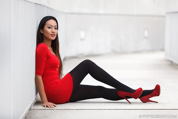Red dress and shoes, black hose and hair