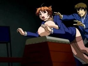 Hentai bitch gets pushed down with her HUGE tits on a table and fucked from behind