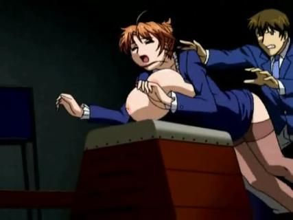 Hentai bitch gets pushed down with her HUGE tits on a table and fucked from behind