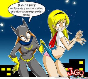 2_girls batgirl dc jago_(artist) panties skirt_pull supergirl