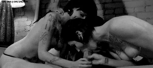 supergif of two babes tackling one big cock