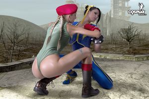 Cammy just about to do a special fatality, namely ripping off Chun Li's tracksuit