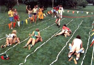 I wonder how this was planned. XD "We need NEW! Just picture a sex sack race. And why even do it standing? He can drag her on her butt."