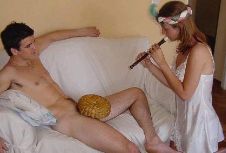 Narrator: "Today, snake charming has evolved into the much safer art of hot dog charming..."