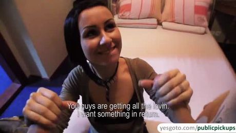 Amateur gets persuaded to show her tits and ass in public in exchange of cash and agrees to have threesome with a stranger