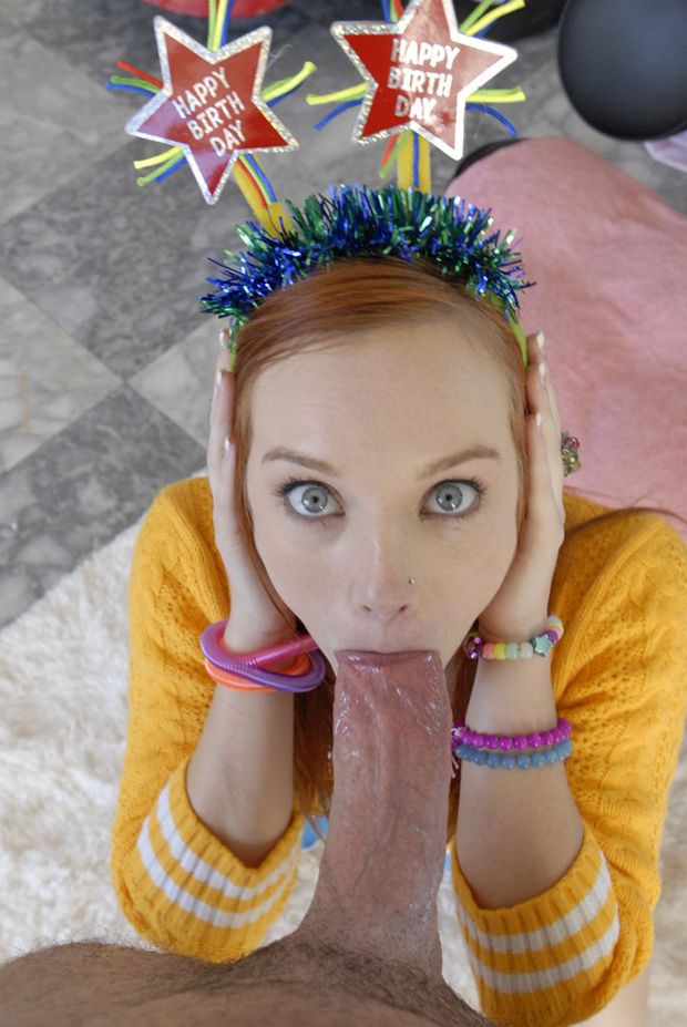 Pale birthday girl Dani sucks cock