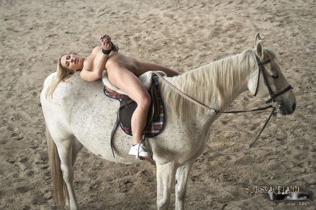 Tide up blonde is getting a ride on a horse