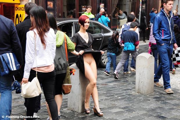 Sexy Redhead Flashing Her Pussy On Public Street