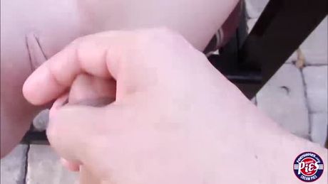 Petite Carmen Callaway and her bf is looking for a new place to fuck. They were in some strangers backyard getting ready for an action.