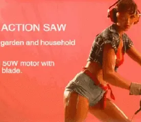 With her shorts pulled all the way up into her crotch, the vibrations from the saw makes her pussy tingle, so she must grind it off