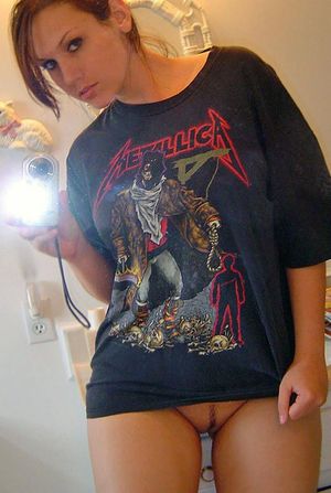Amateur girl metallica shirt trimmed pussy vagina bottomless selfie selfshot.