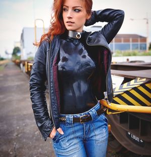 Gia Felino in latex and denim