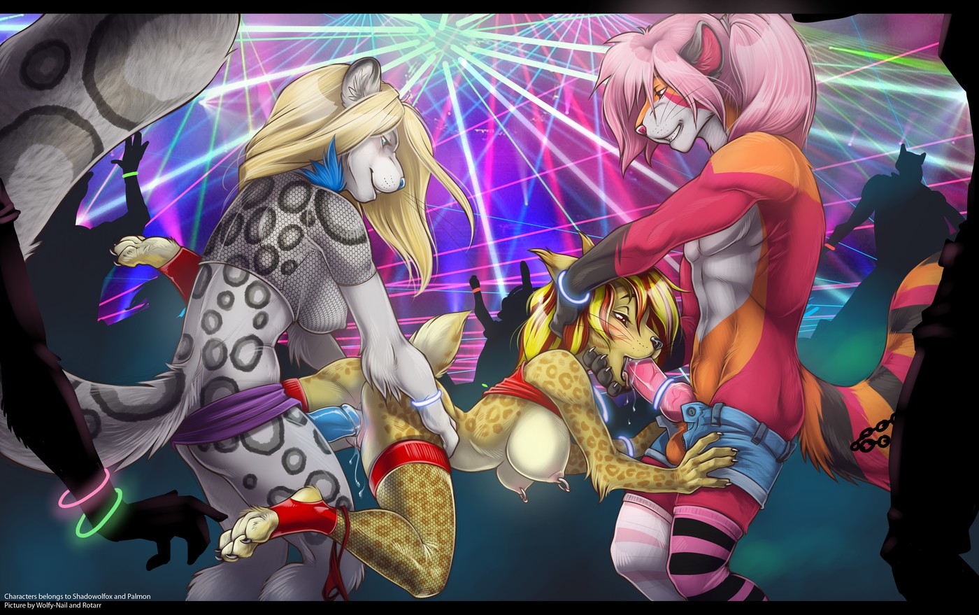 rave sable wolfy-nail rotarr high resolution very high resolution 2013 absurd res genitalia anthro blonde blue penis breasts canine penis cheetah clothing erection feline fellatio female fishnets from behind fur furry futanari glowstick group hair hi res
