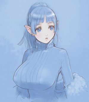 Blue haired elf in a blue sweater
