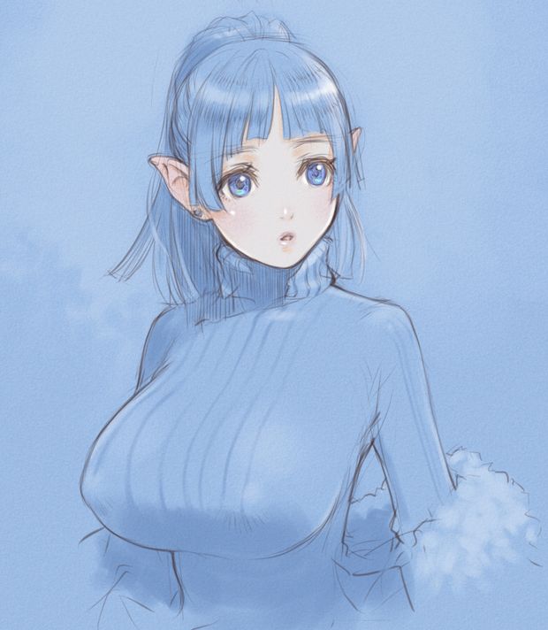 Blue haired elf in a blue sweater