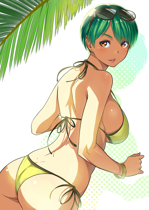 big green-haired tits and round ass in bikini