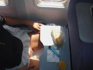On business trip with short skirt, her vibe and no panties