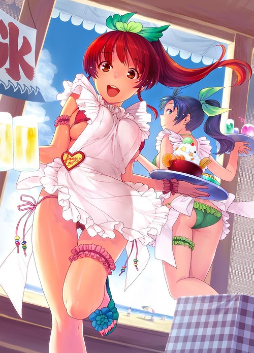 big redhead tits and blunette ass in bikinis and aprons
