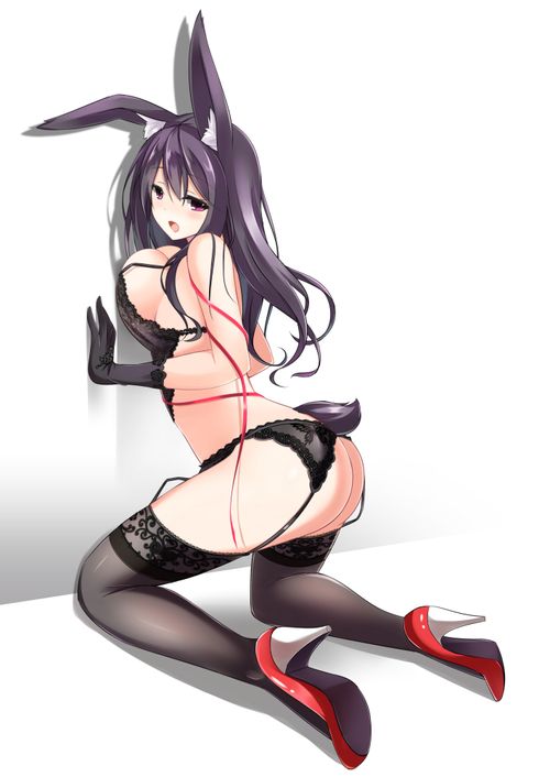 big brunette bunny-girl tits and fine ass in black lace lingerie and red heels