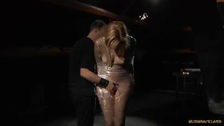 Submissive blonde slave girl screams of fear in bdsm game when master whips her ass and immobilized waxed her pussy and body!