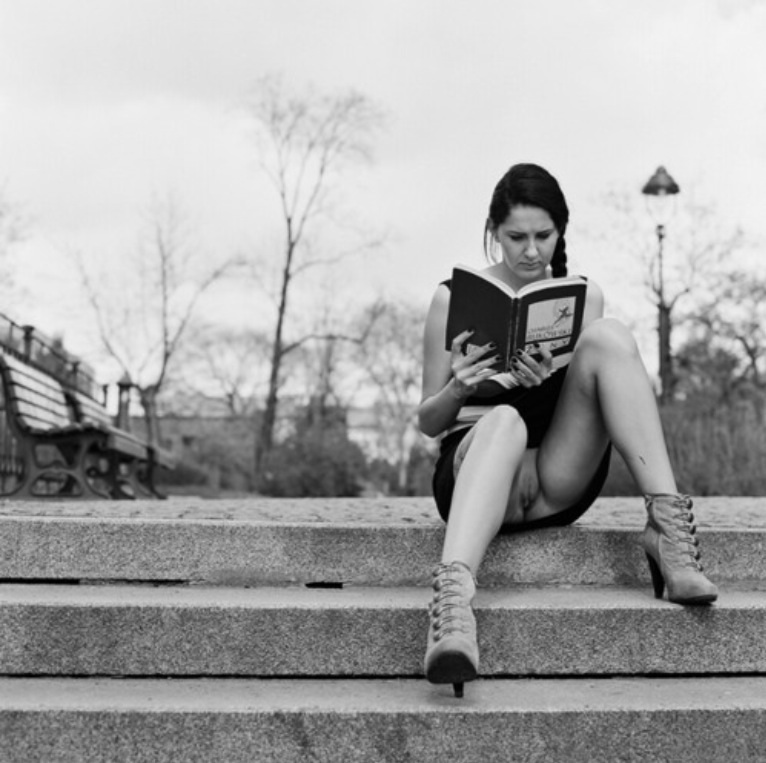 Reading on steps without panties