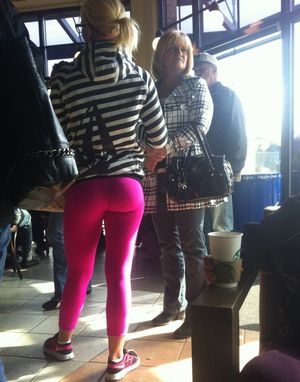 amazing tight pink yoga pants at Starbucks