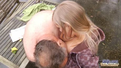 Sweet blonde teen has sex, sucks old dick of a ugly grandpa and enjoys missionary and doggy style sex!